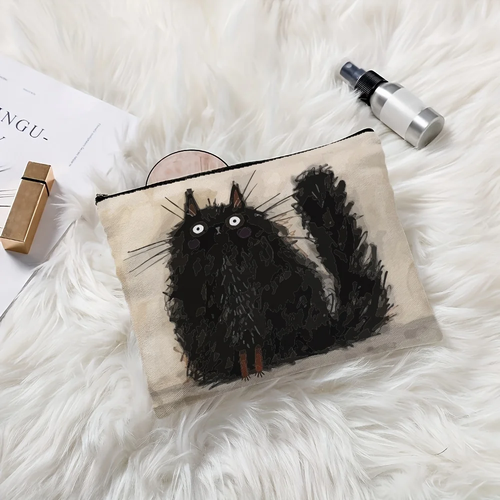 귀여운 검은색 고양이 화장품 가방 - 여성용 귀여운 다기능 지퍼 파우치, 보석 보관 가방,