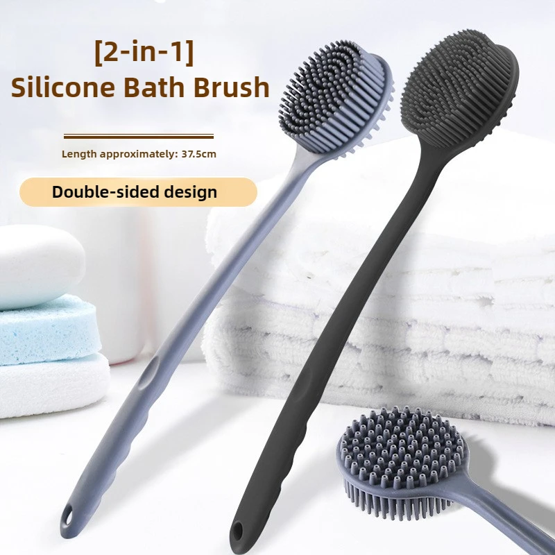 Soft Silicone Bath Brush Double-Sided Shower Scrubbing Brush with Long Handle Exfoliating Body Scrub Back Massager Bathroom Tool