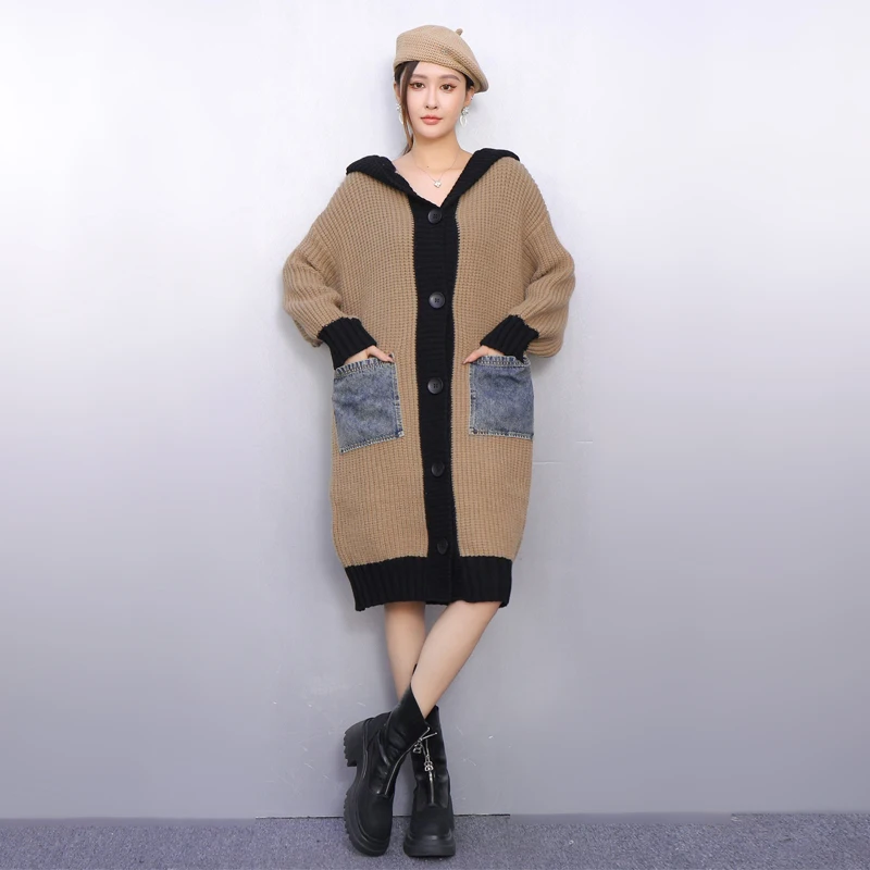 

SuperAen Autumn and Winter 2025 New Women's Long Loose Hooded Long-sleeved Knitting Cardigan Fashion Casual Elegant Sweaters