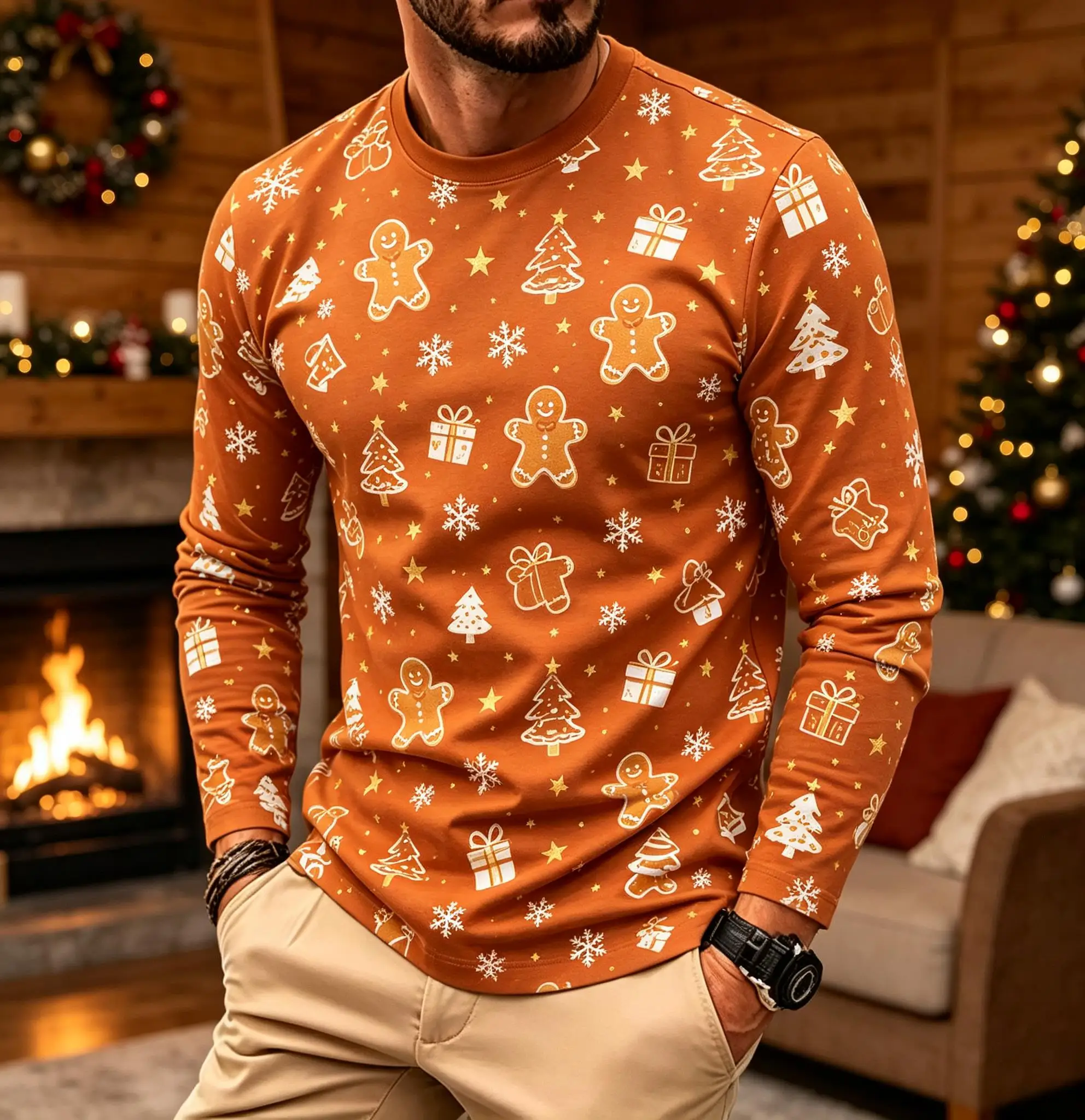 Men Red Golden Christmas Tree Snowflake Gift Full Print Long Sleeve T-shirt, Holiday Crew Neck Casual Top