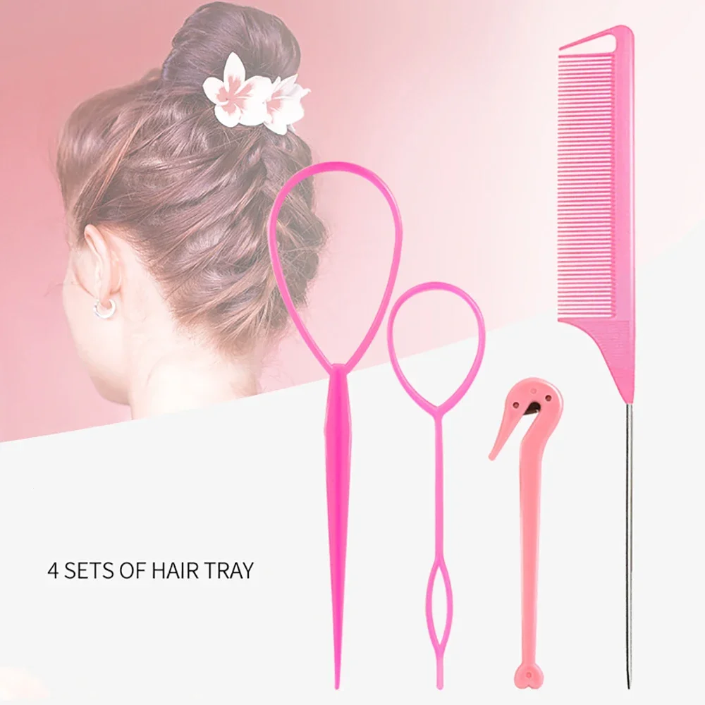 4pcs/set Hair Braiding Tools Hairpin DIY Loop Braider Elastic Hair Bands Remover Cutter Rat Tail Comb Salon Hair Braids Tools