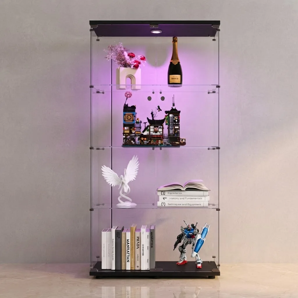 Image of Superaly 164×80×36 cm 4-Schichtiger 2-Türiger Freistehender Glas-Aufbewahrungsschrank, Glas-Vitrine mit Schloss, für Schlafzimmer, Wohnzimmer, Balkon, Schwarz