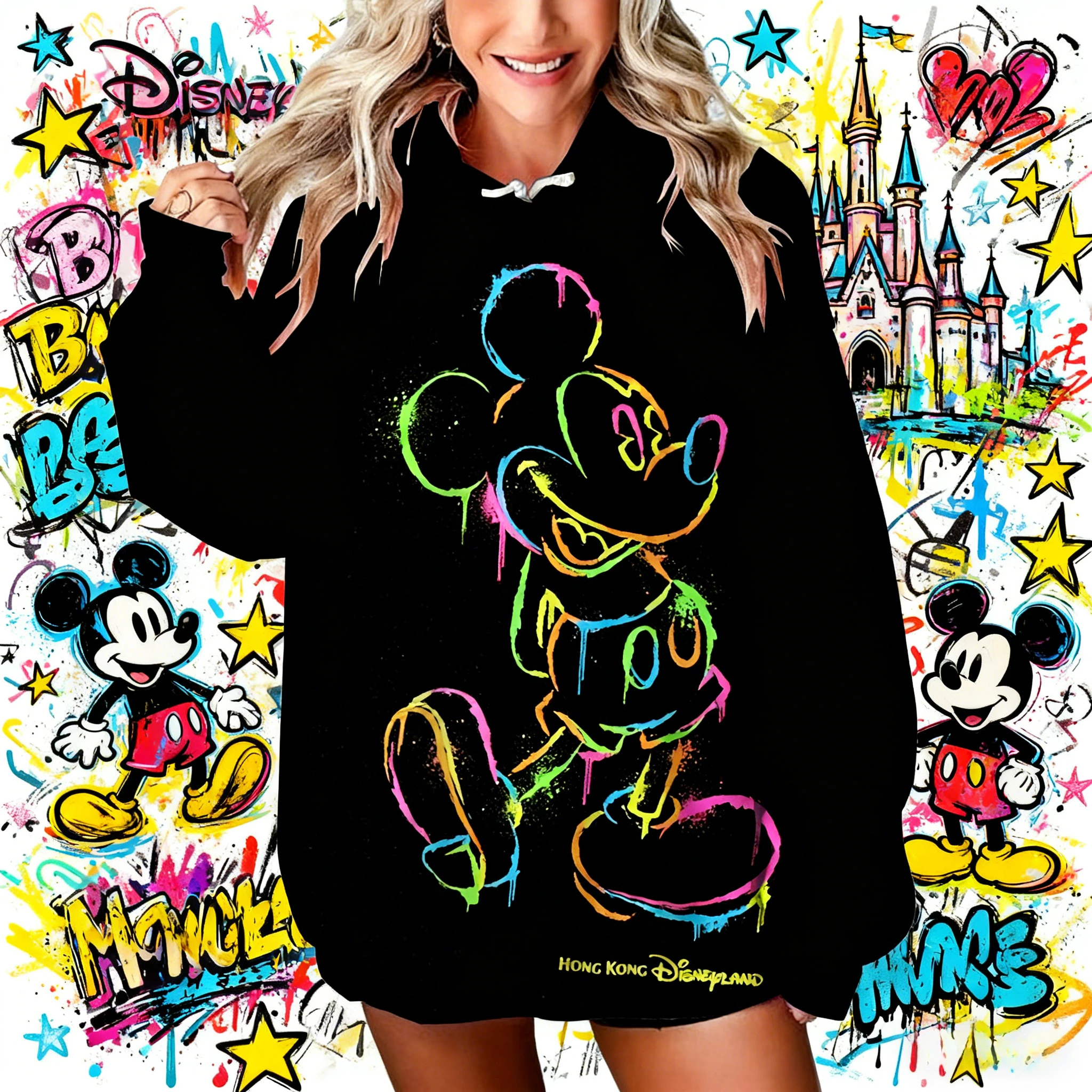 

Осень-зима 2022, толстовка с Микки Маусом Диснея, женская толстовка с длинными рукавами, неоновый узор граффити, толстовка с принтом из 100% чистого хлопка