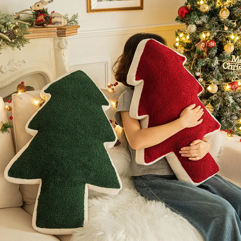 

Christmas Tree Cushion Red Green Embroidered Christmas Cushions for Sofa Holiday New Year Decorative Pillows Special-shaped