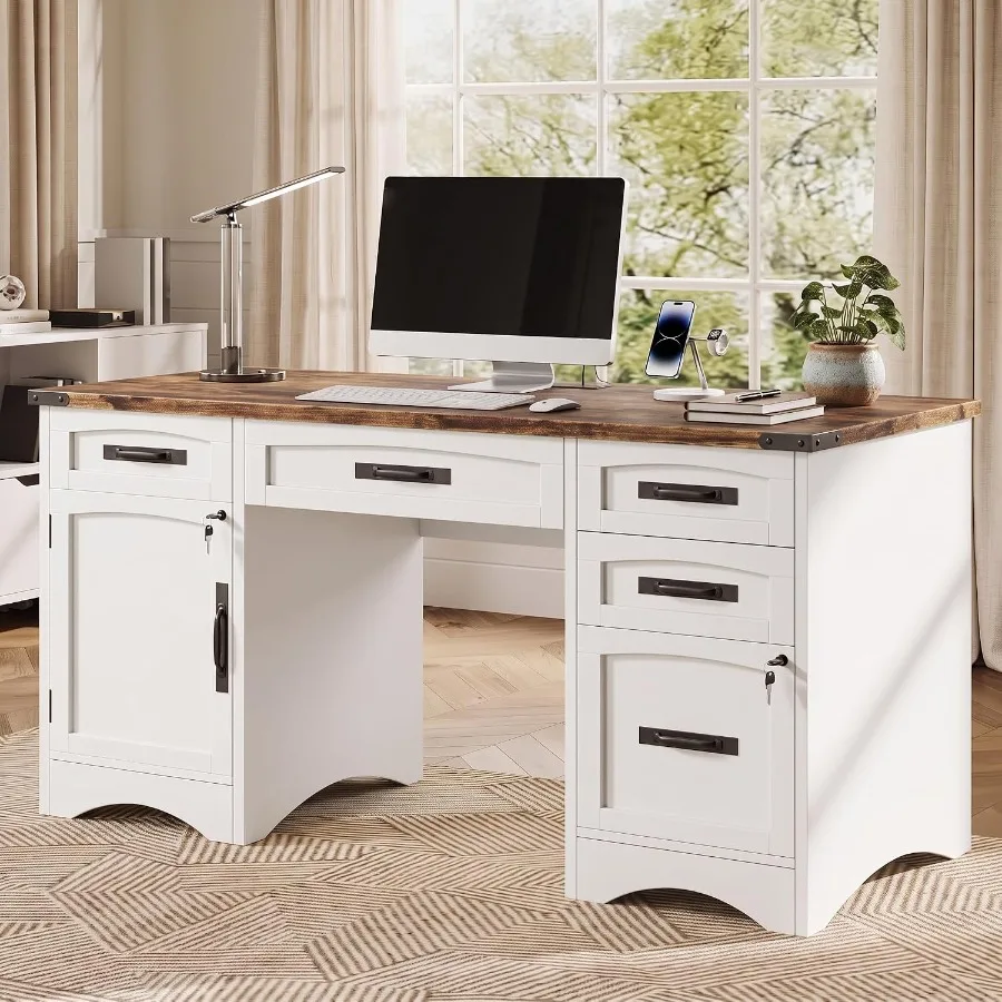 Farmhouse Executive Desk with Drawers, Home Office Desks with Fast Charging Station, Lockable File Cabinet, Wood Writing Comput