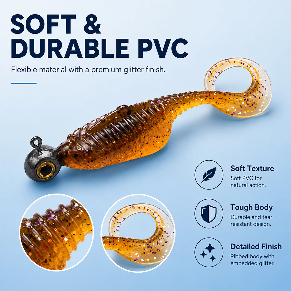 ZUKIBO 45mm Curly Tail Soft Lure Grub Worm Bass Angelköder für Barsch, Forelle, Fluss-, See- und Felsenfischen, mehrfarbig – Detail 6