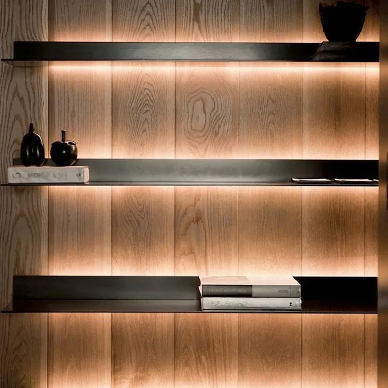

LED laminated light emitting open wall mounted shelf, industrial style display shelf in the entrance, straight partition