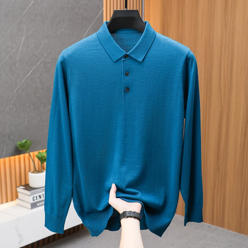 High Grade 100% Superfine Wool Polos Men Spring Autumn Classic Turn Down Knitwear Long Sleeve Worsted Wool Thin Tops Pullovers