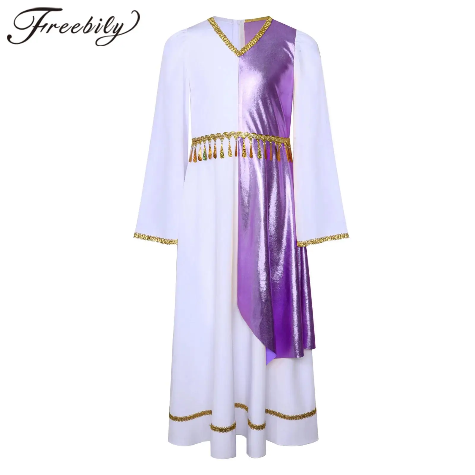 

Worship Costumes Kids Girls Church Praise Dance Dress Long Sleeve Metallic Ballroom Dancing Liturgical Performance Clothes