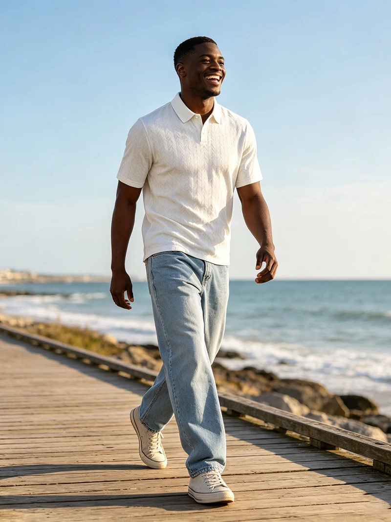 Herren-Poloshirt mit strukturiertem Jacquard-Muster, kurzärmelig, lockere Passform, vielseitig einsetzbar, für den Alltag, für den Urlaub, für die Freizeit, für den Sommer, Freizeitoberteile – Detail 17