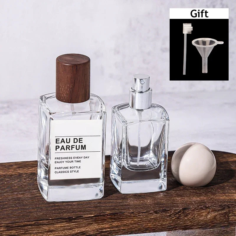 

30ml 50ml Refillable Cosmetics Container Perfume Empty Glass Portable Travel Flat Square Spray Bottle Replacement Wooden Lid