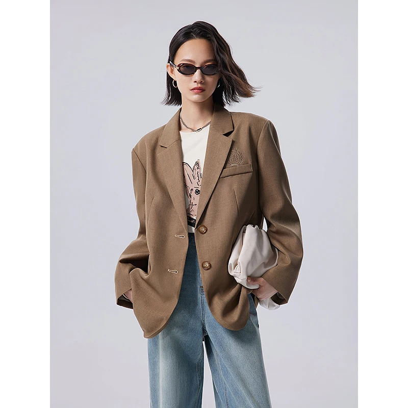 Toyouth Women Blazer 2023 Autumn Long Sleeve Lapel Loose Suit Coat Embroidery Urban Modern Vintage Preppy Style Jacket Outwear