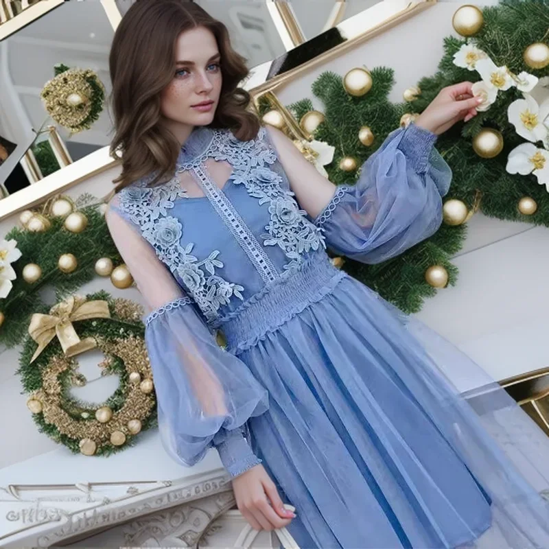 Women Evening Dress Three-dimensional Decoration Floral Mesh Stand Collar Lantern Sleeve Waist Up Ladies Dresses Summer 2024