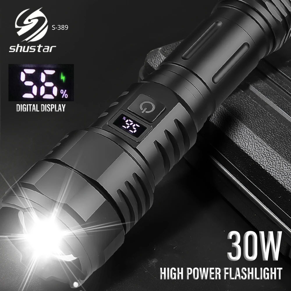 High Power 30W LED Flashlight USB Rechargeable 26650 Torch with Power Display Screen Waterproof Zoom Camping Fishing Lantern