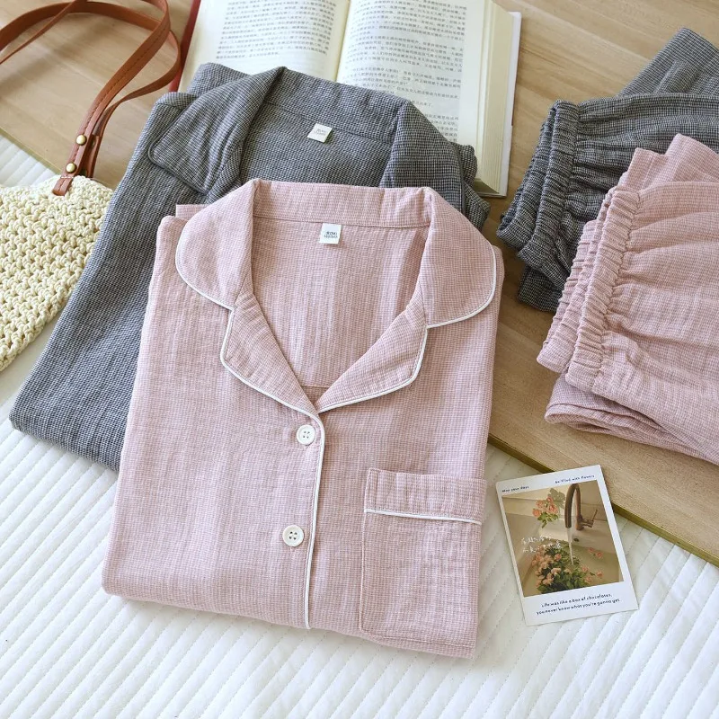 

2026 New Couple Spring and Autumn Pajama Set 100% Cotton Gauze Jacquard Men's and Women's Long Sleeve Checkered Two Piece Set