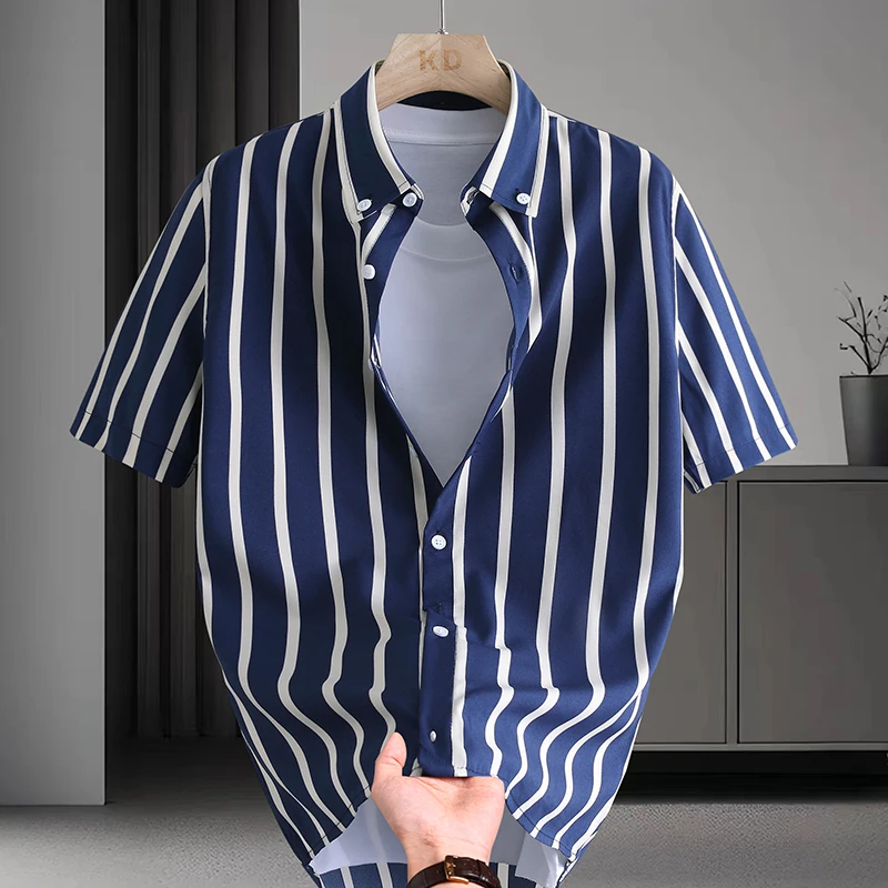 

Men's Casual Loose Short Sleeve Shirt Stripe Pattern Breathable Summer Fashionable Youth Polyester Fiber Button Design
