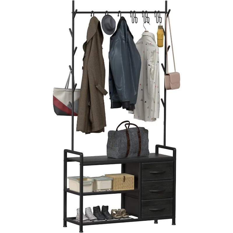 Coat Rack Tree Shoe Bench, Hall Tree for Entryway with Drawer Cubby Storage Bench, Wood Look Accent Furniture.