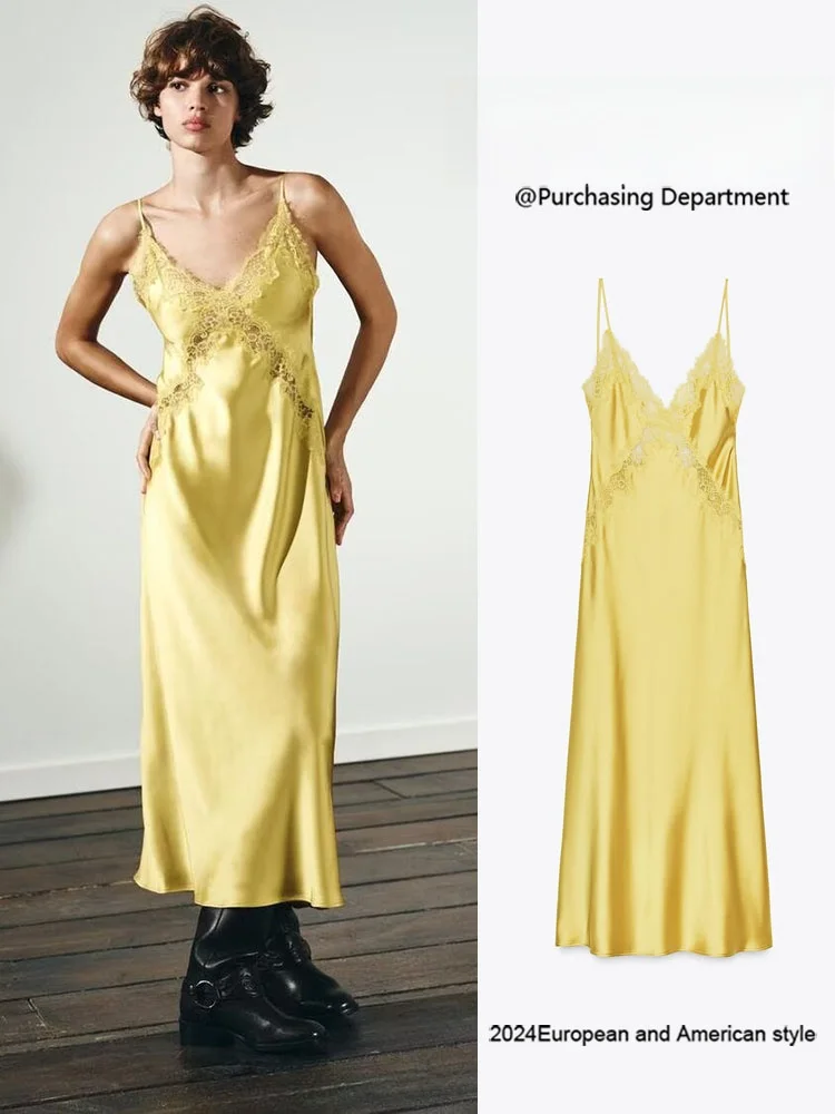 

Новое осеннее модное женское платье миди Dr ZA2025, кружевное шелковое атласное платье с текстурой Ele Quali, женское платье, сценический костюм