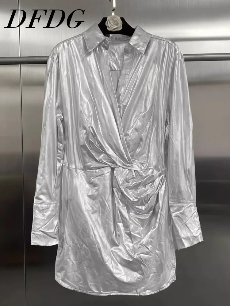 

DFDG 2023, весна-лето, женское серебряное блестящее кожаное платье с v-образным вырезом, клубная одежда, модное дизайнерское платье кокетки Y2K, праздничное платье