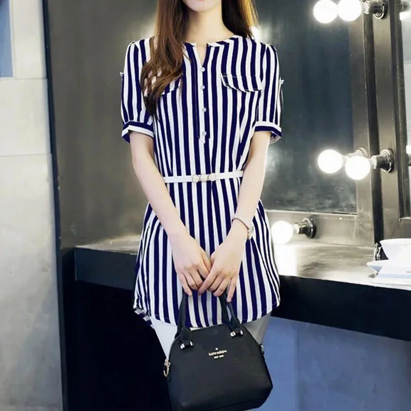 Female Commuter Slim Chiffon Striped Blouses Small V-Neck Button Patchwork Casual Short Sleeve Shirt Women\'s Summer Clothes 4XL