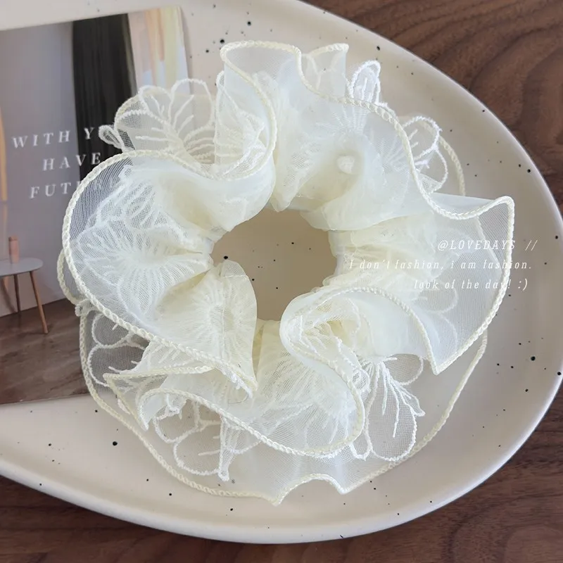 

Beige 3D Organza Flower Lace Hair Scrunchie Double Layer Ruffled Elastic Ponytail Holder for Women Premium Elegant Daily Use