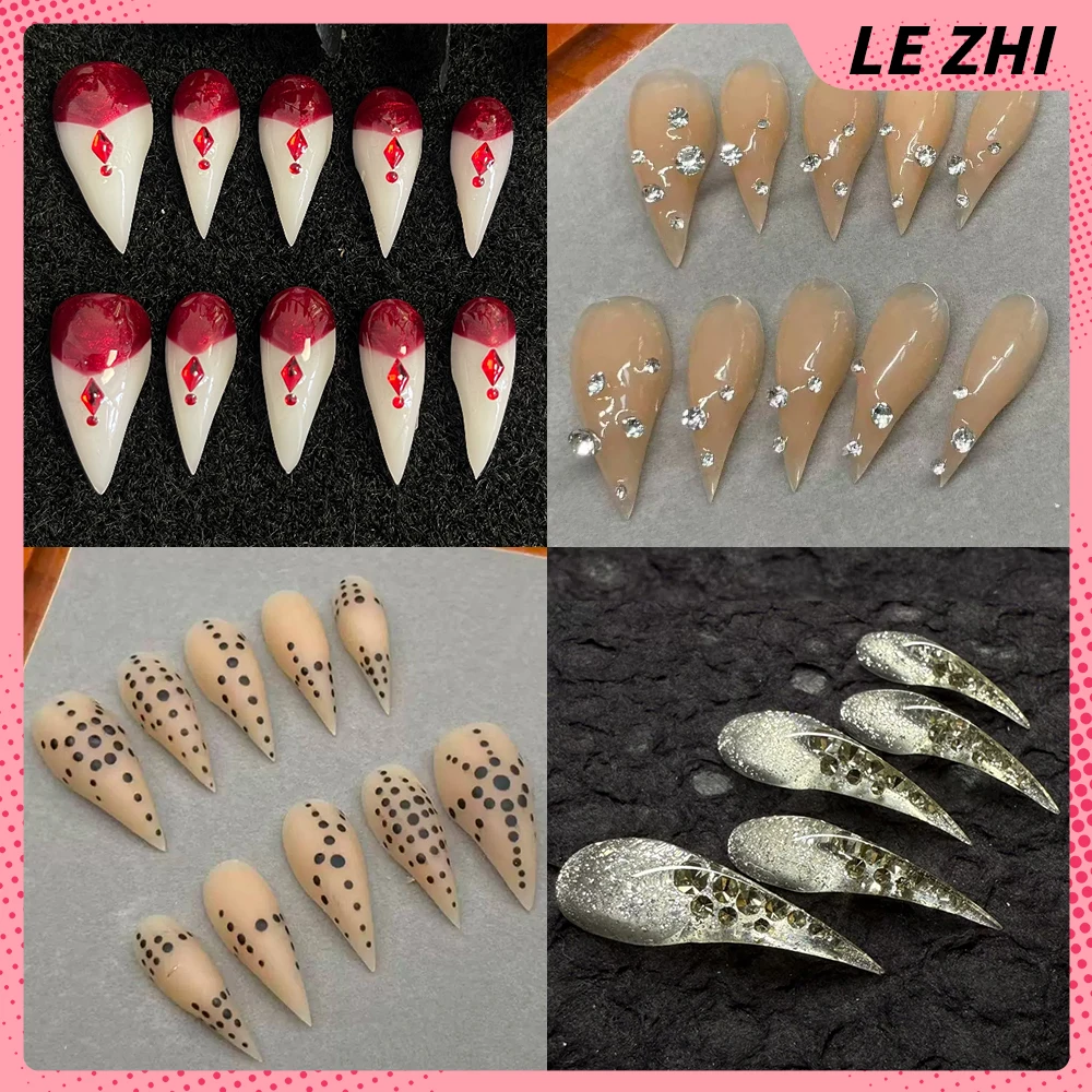 

Europe America Spicy Girl Long Beast Claw Handmade Wearable Press On Nail Metal Chain Rivets Diamond Sequins Gradients Fake Nail