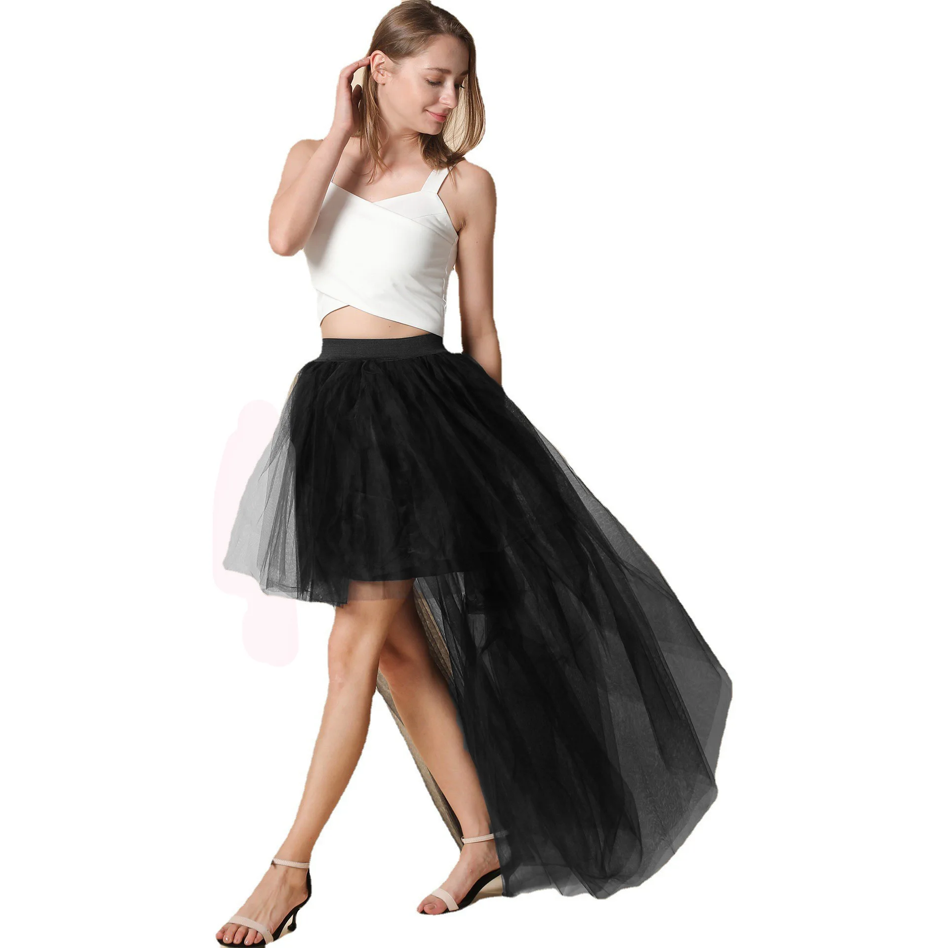 Explosive dovetail gauze skirt Europe and the United States sexy black gauze short front after long shaggy half skirt