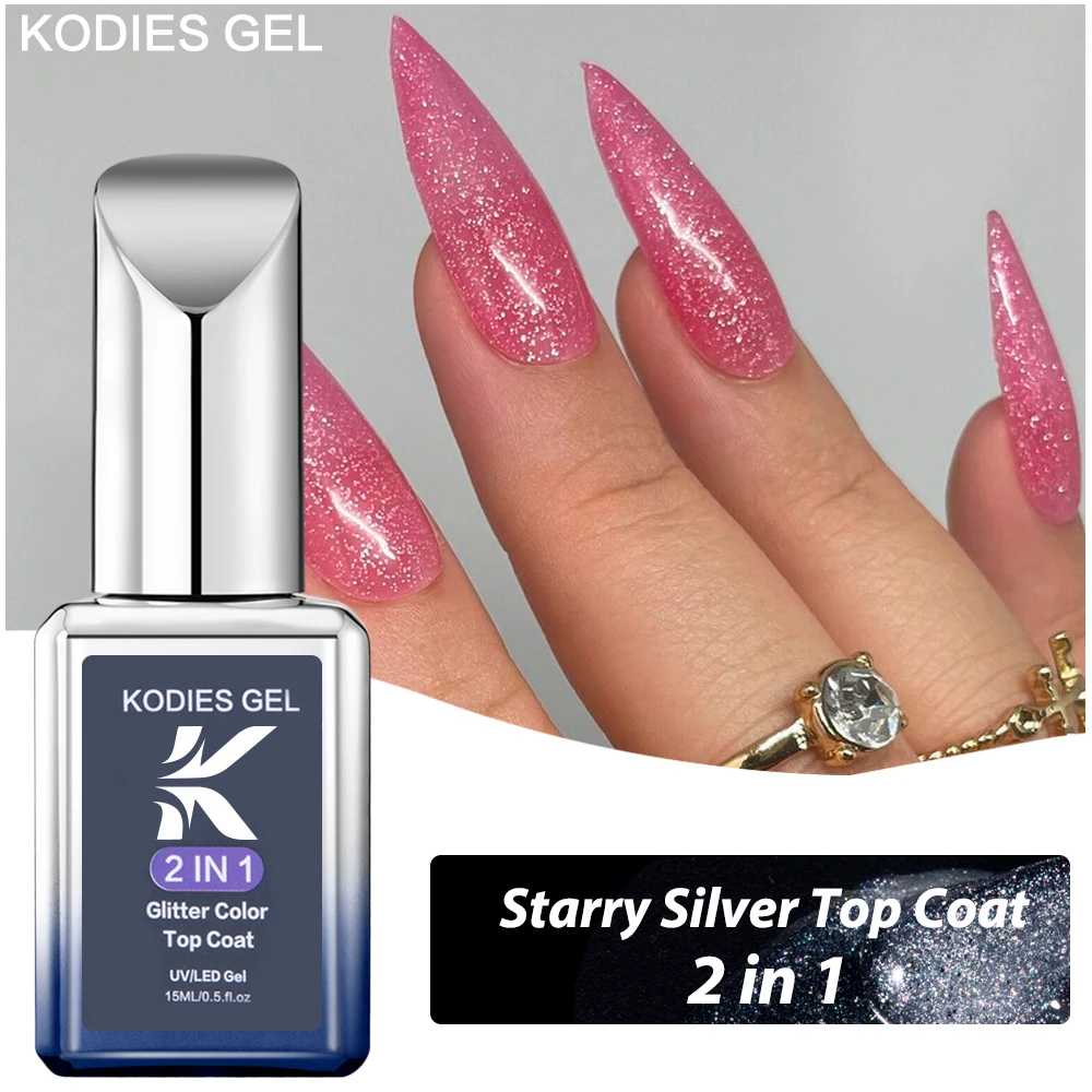 Kodies Gel Bling Silber Dec klack UV Gel Nagellack Semi Permanent Glitter Mix Sparkle Topcoat kein Wipe-Finish für Maniküre Kunst