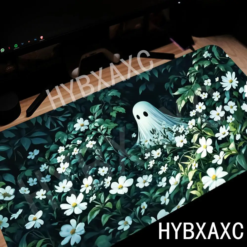 

HYBXAXC Cute Ghost in the Garden Mouse Pad Tiny Ghost in a Flower Bed Pad Little Spirit in the Woods Topper Green Floral Decor