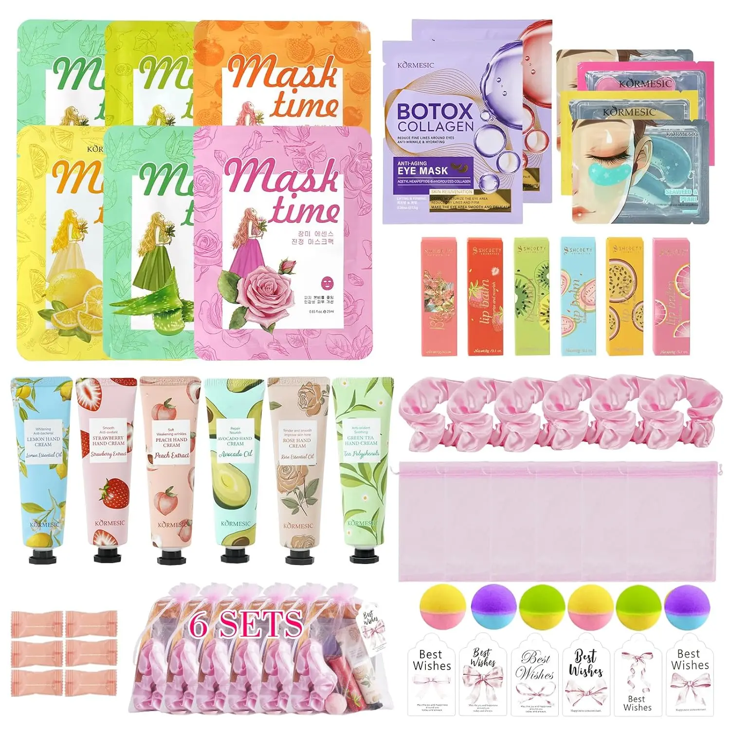 

Набор для спа-вечеринки для девочек, 54 предмета: маски для лица, патчи для глаз, бальзам для губ, бомбочки для ванны, крем для рук, полотенце и резинки для волос