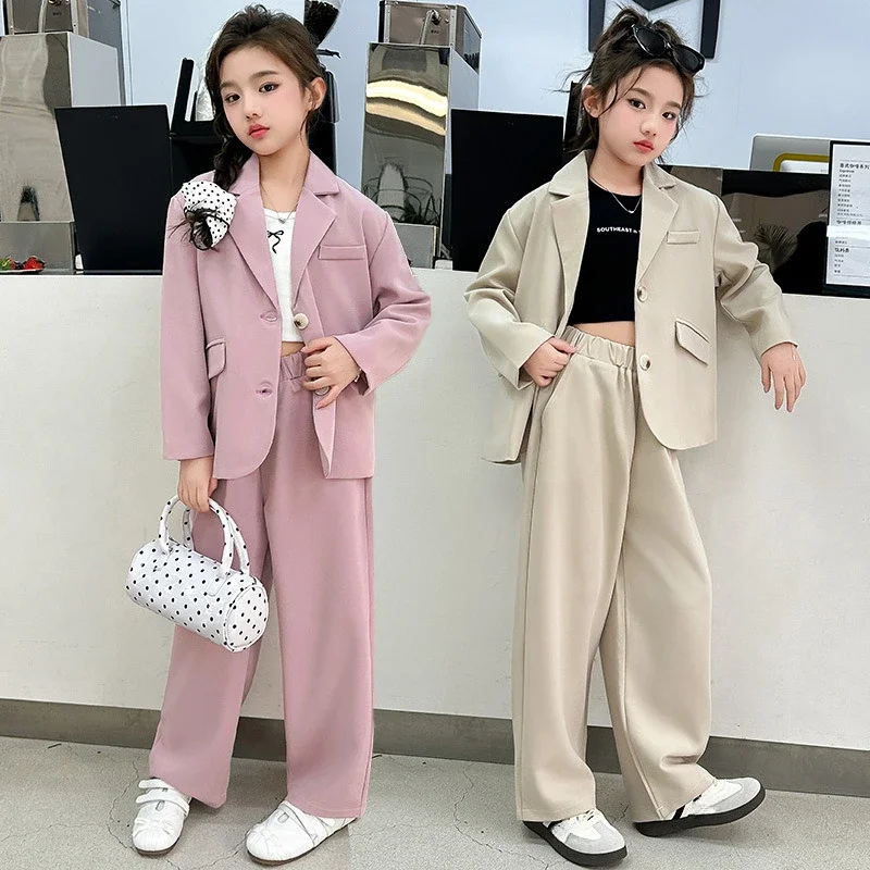

Girls Blazers Suit Spring Autumn Kids Jacket+Pants 2pcs Sets Formal Teenager Clothes Pure Color Children Long Sleeve Outfits