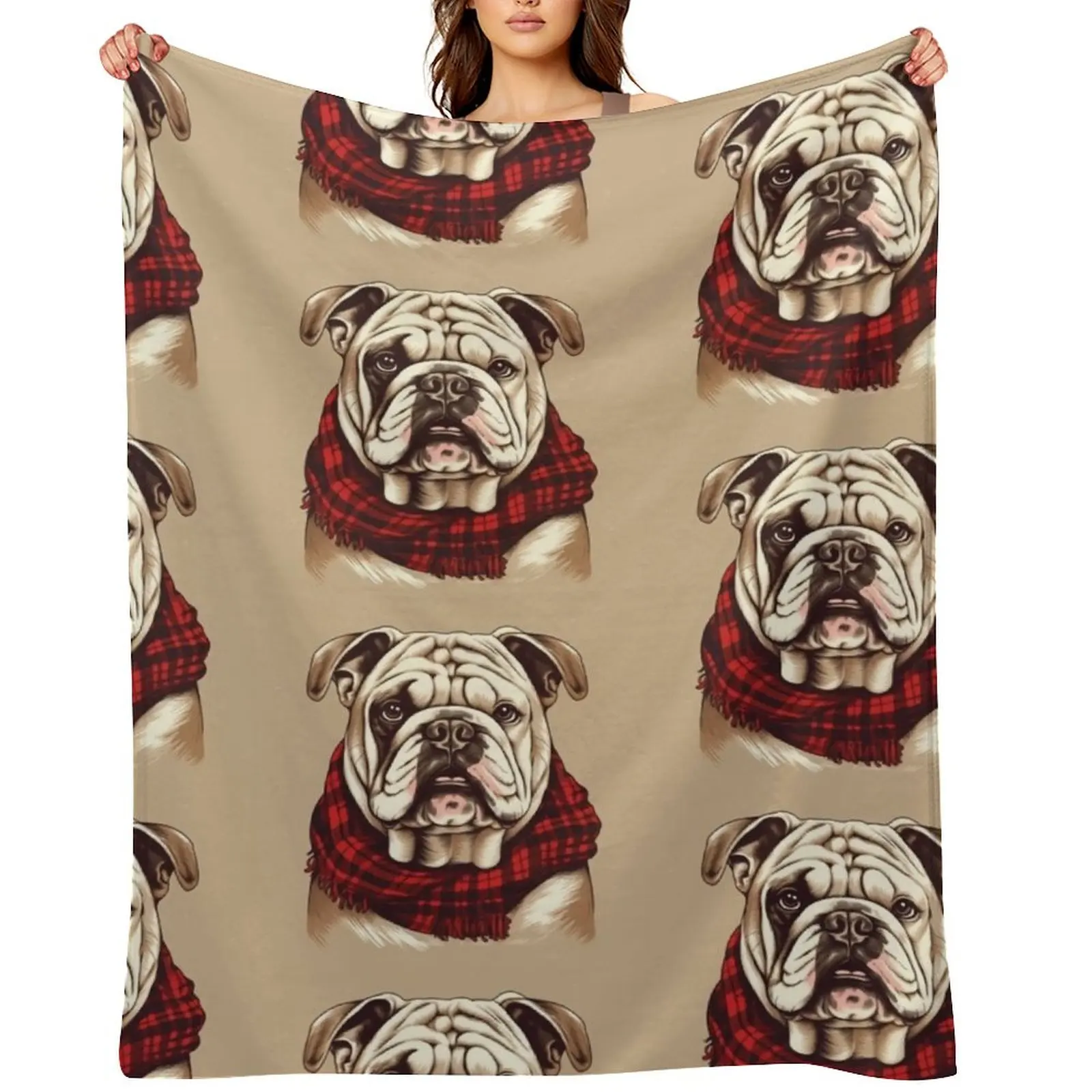 Bulldog Christmas Plaid Watercolor Throw Blanket Bed Fashionable Plaid on the sofa blankets ands Kid'S Blankets