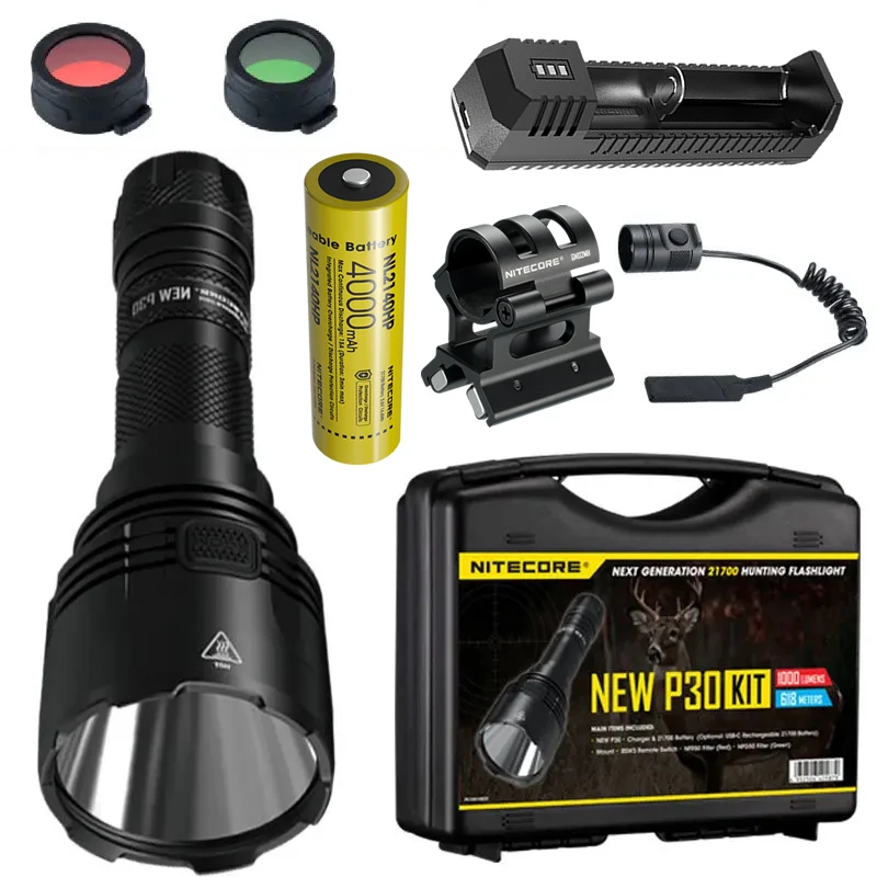 

2024 NITECORE 1000 LUMENS NEW P30 HUNTING KIT Tactical Ultra High Intensity Flashlight BoxSet + 4000mAh Battery+ ui1 USB Charger