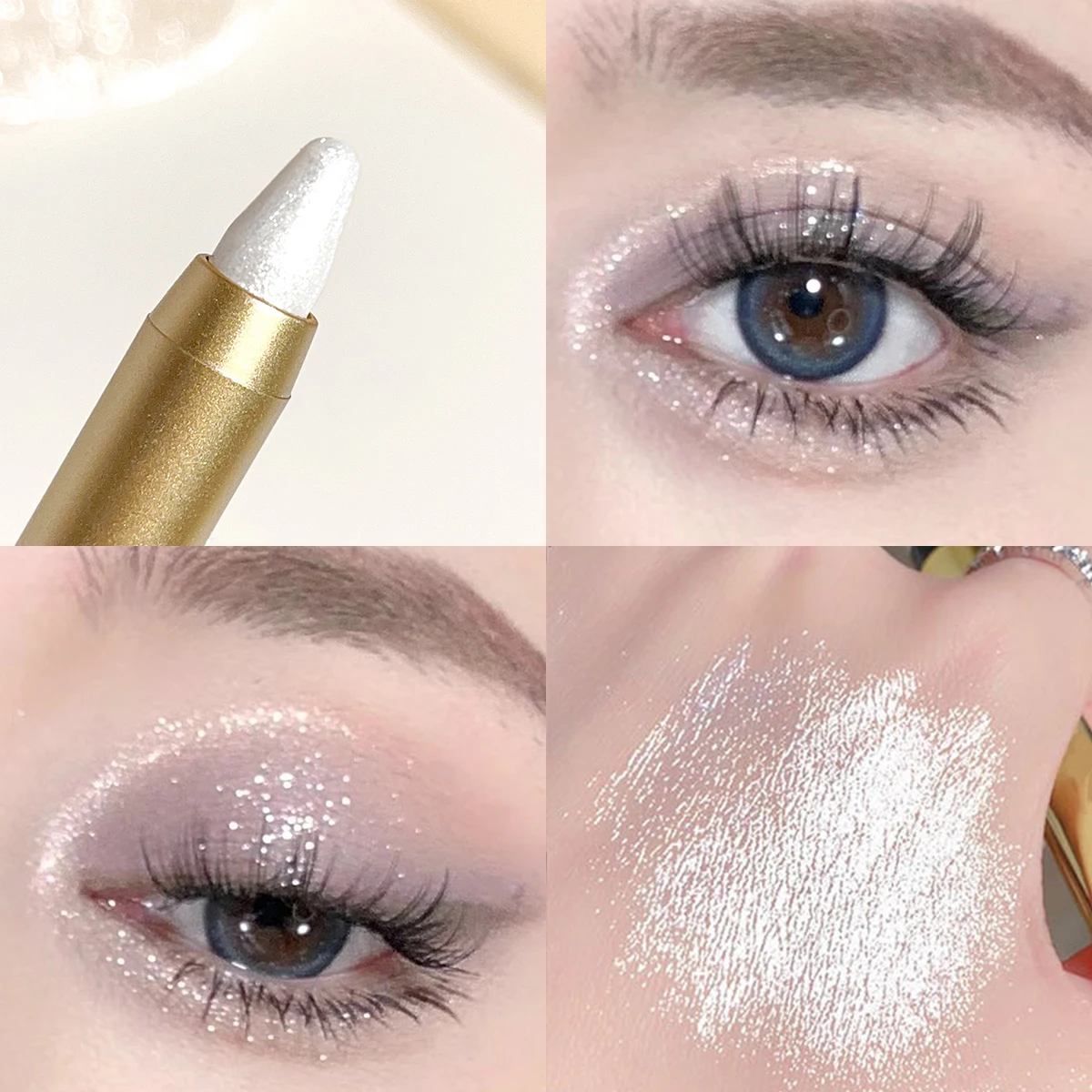 Glowing highlighter eye shadow pencil with pearlescent shimmer and fine glitter for brightening and a dimensional effect