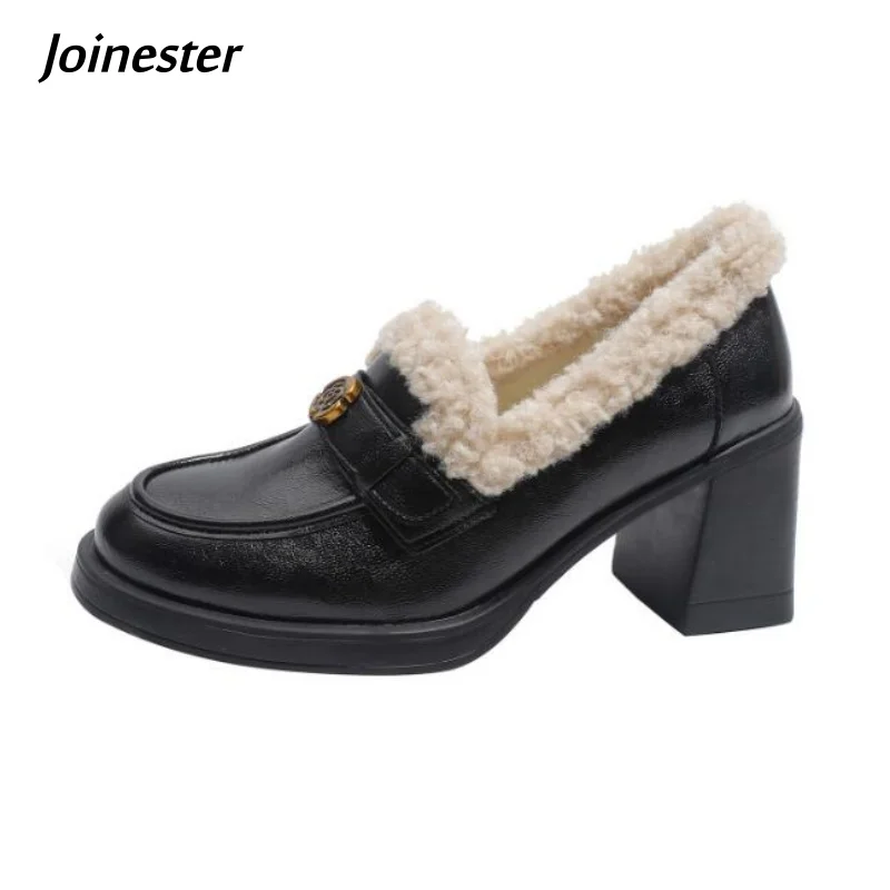 

Fur Edged High Chunky Heeled Shoe for Lady Warm Short Plush Slip on Loafers Women Pure Color Round Toe Winter Footwear