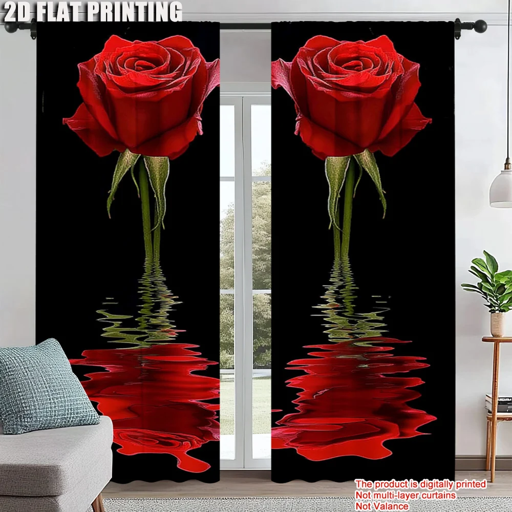 

2Pcs Romantic Red Rose Printed Window Curtain Rod Pocket Decorative Curtains For Living Room Bedroom Office Home Decoration