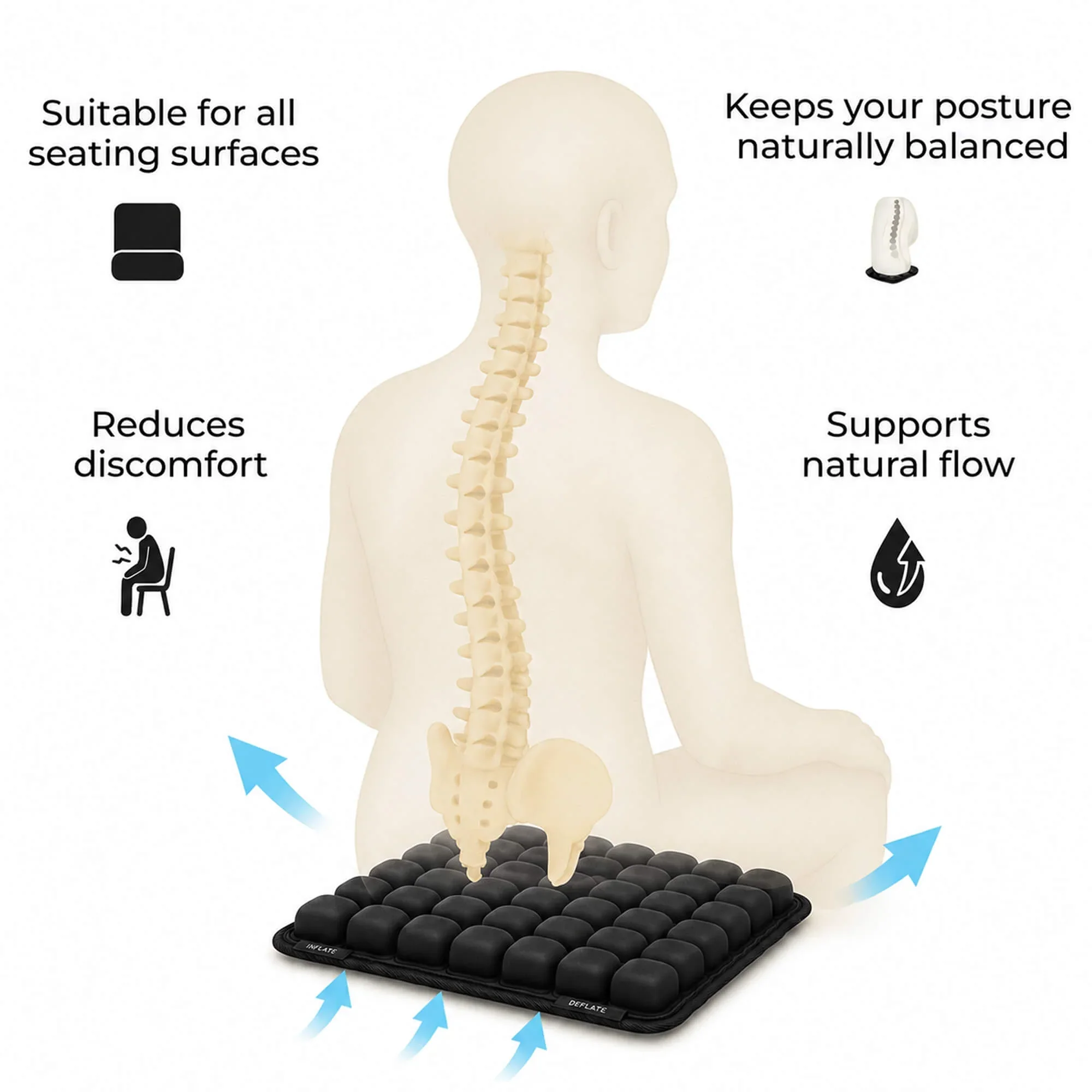 49‑Cell Breathable Air Seat Cushion Suitable for Office, Home, Travel and Outside Scenarios, Bonus Neck Pillow