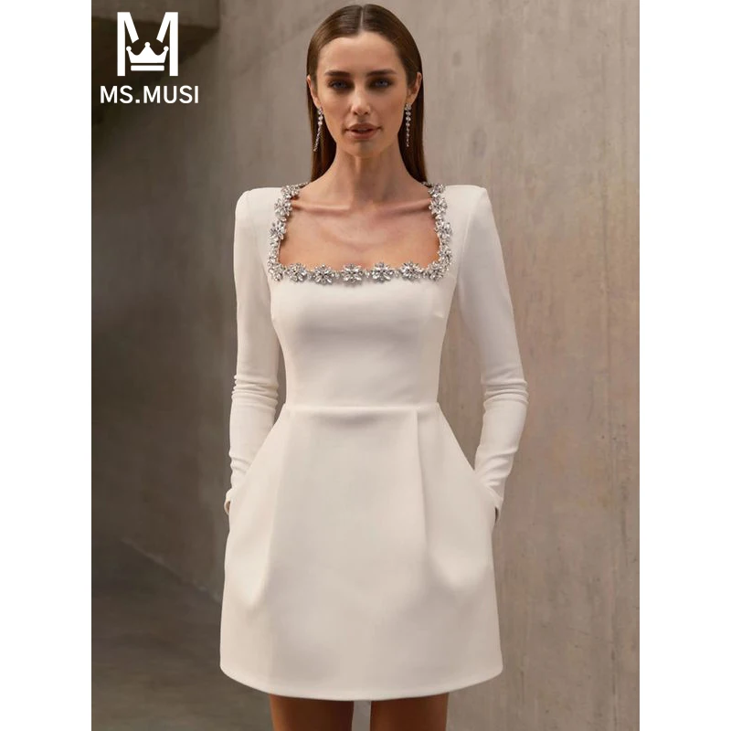 MSMUSI 2024 New Fashion Women Sexy Square Neck Diamond Crystal Long Sleeve Bodycon Party Club Event Slim Mini Dress Vestidos