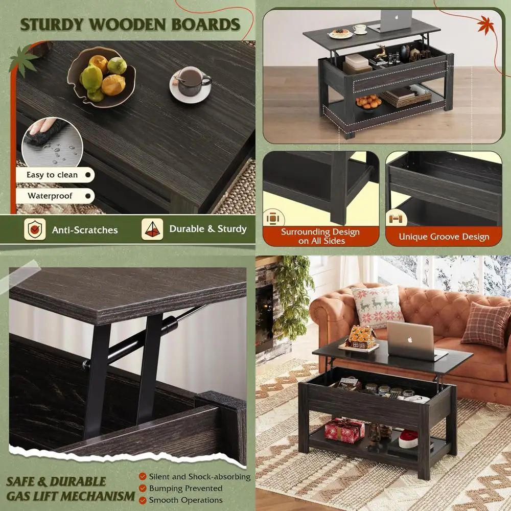 

Журнальный столик с подъемным верхом Espresso Finish 39 со скрытым хранилищем и полкой для гостиных