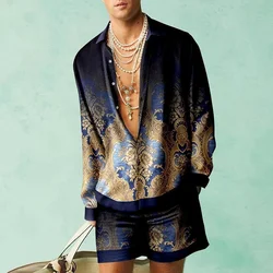 Retro printed men's long sleeved set summer Hawaii beach shirt two-piece set men's street casual tops set men's trendy clothing