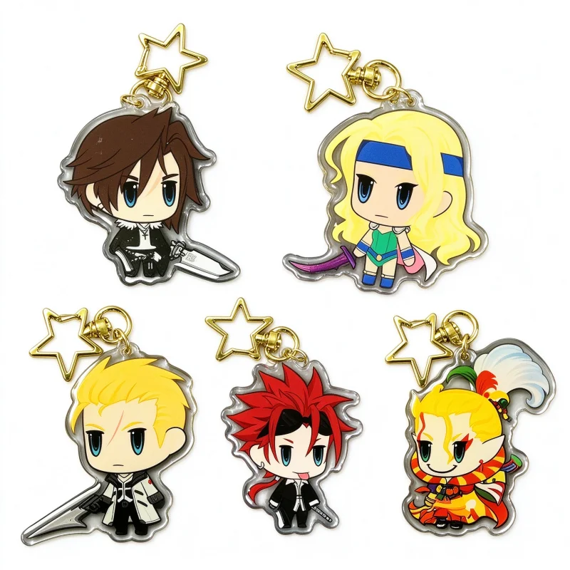 6 Styles Chibi Final Fantasy VII Acrylic Keychain Set, Double Sided Print Gold StarClasp Bag Charm Game Fans Collectible Pendant