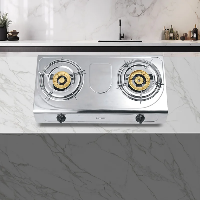 ステンレス製ダブルバーナー卓上ガスコンロ、ステンレス製、炎消火装置付き、家庭用、天然ガス対応