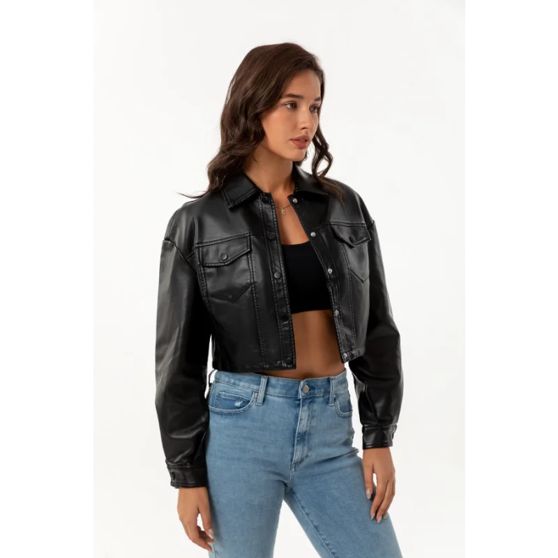 Leather Cropped Jackets Women Spring Autumn PU Loose Casual Long Sleeve Single-Breasted Ladies Short Coats Lapel Fashion Tops