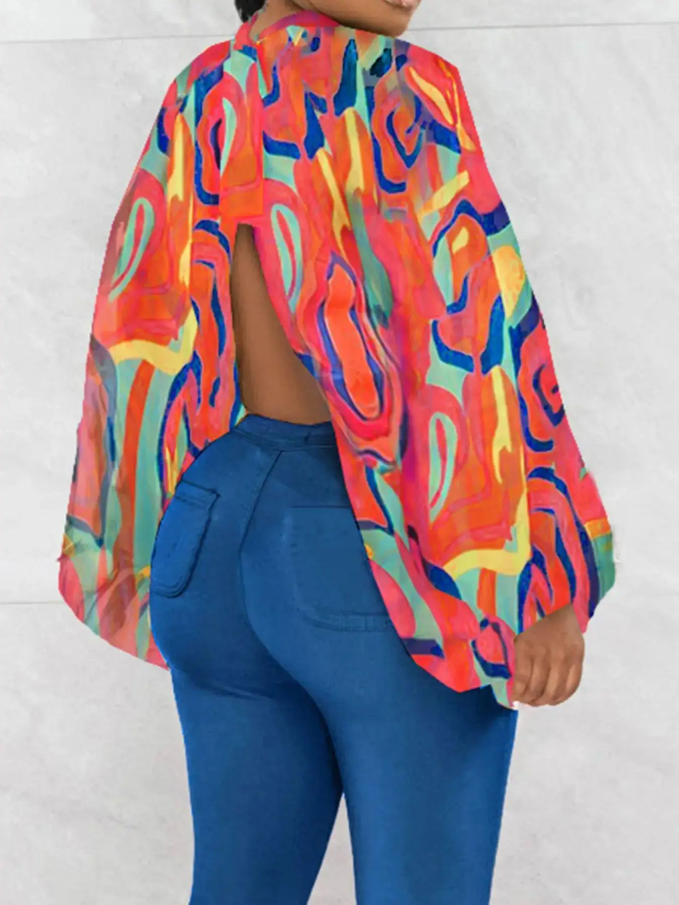 Women's Plus Size All Over Print Backless Split Hem Blouse, Casual Bishop Sleeve Mock Neck Top for Daily Wear, Women's Clothing