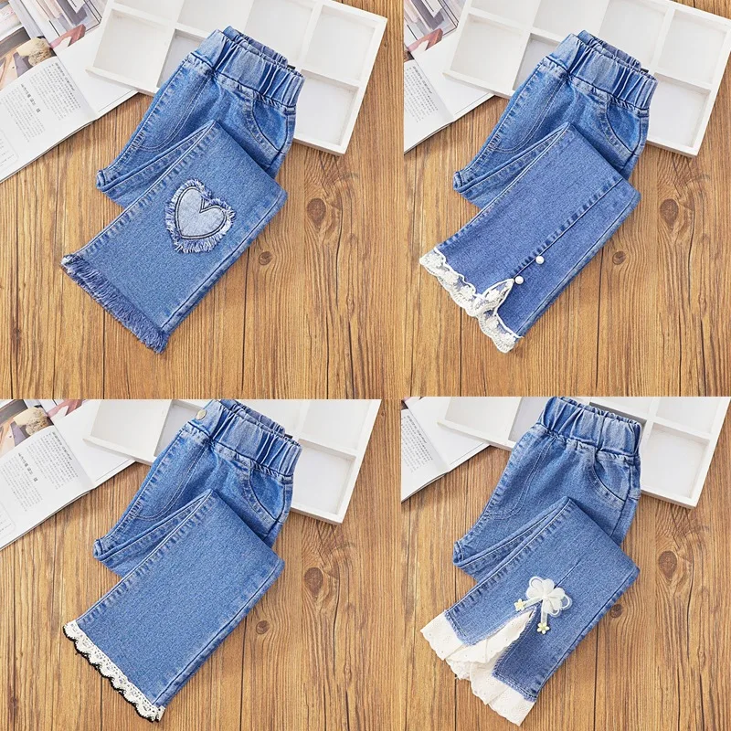 Celana Denim Anak Perempuan untuk 1-12 Tahun Celana Panjang Berkaki Lebar Longgar Renda Satin Celana Kaki Menyala Kasual Pakaian Anak-anak Musim Penuh