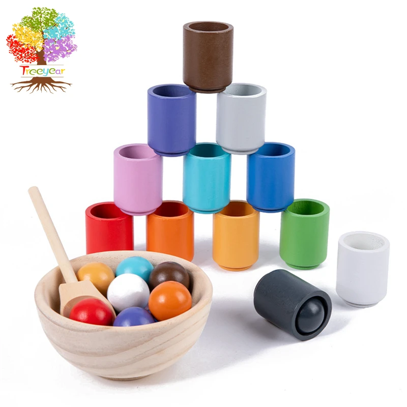 

Balls in Cups Large Montessori Toy Wooden Sorter Game 12 Balls 30 mm Age 1+ Color Sorting and Counting Preschool Learning