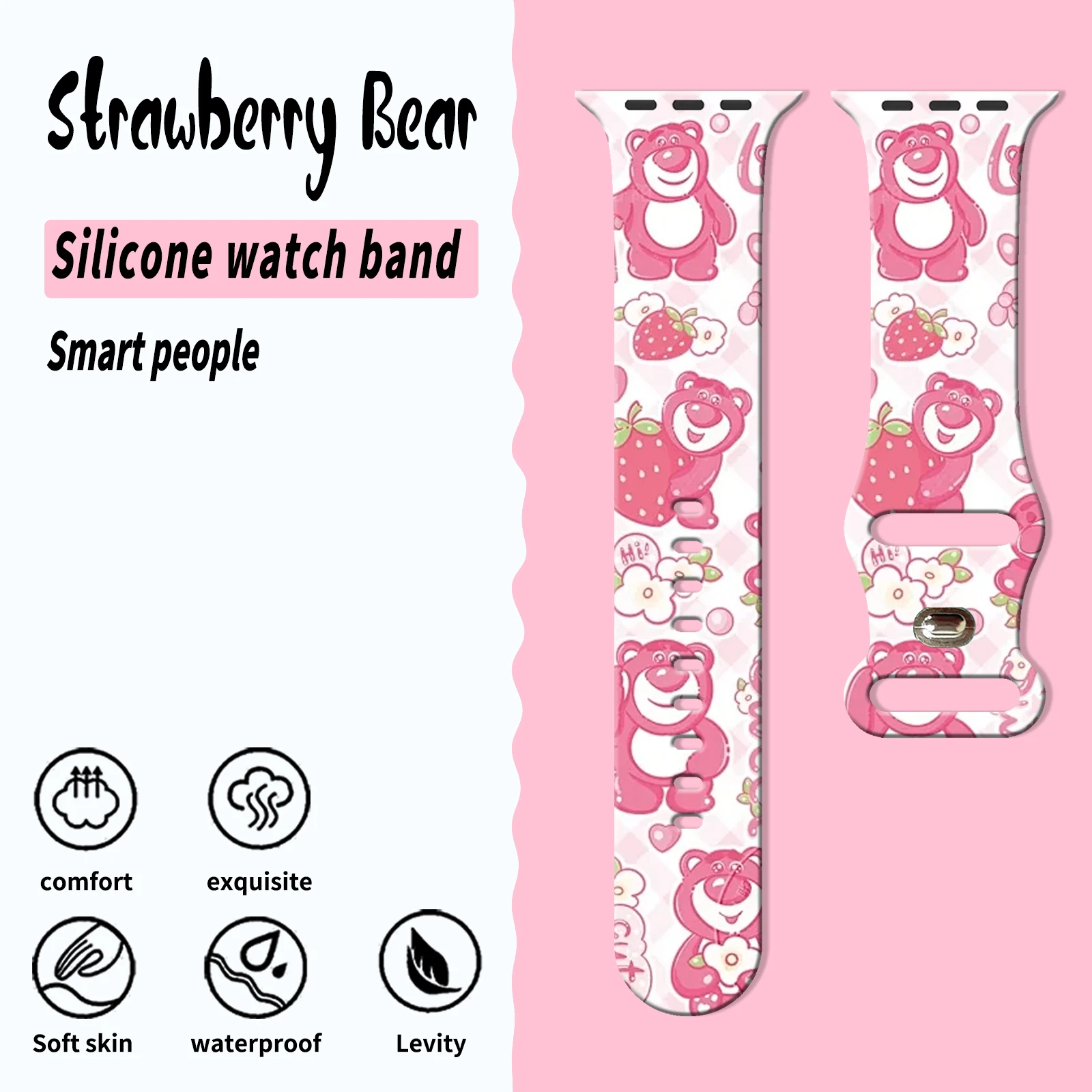 Strawberry Bear Series Print Strap for Apple Watch 46mm 44mm 42mm 41mm Silicone Band Replaceable Watchband for iWatch 11 10 9 SE