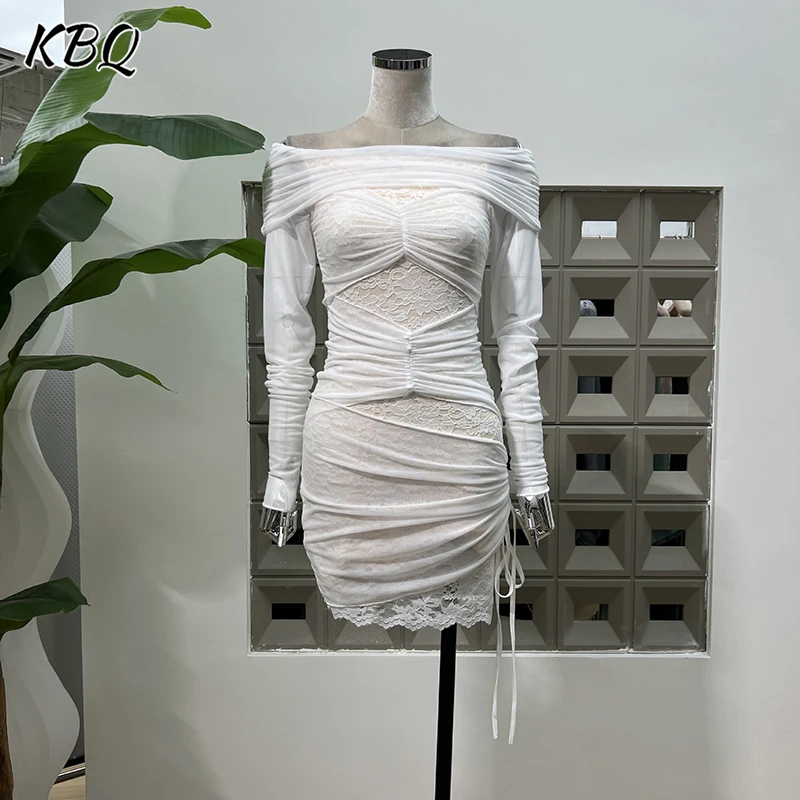 

KBQ Solid Spliced Folds Slimming Dresses for Women Slash Neck Off The Shoulder Sleeve High Waist Temperament Dress Female New