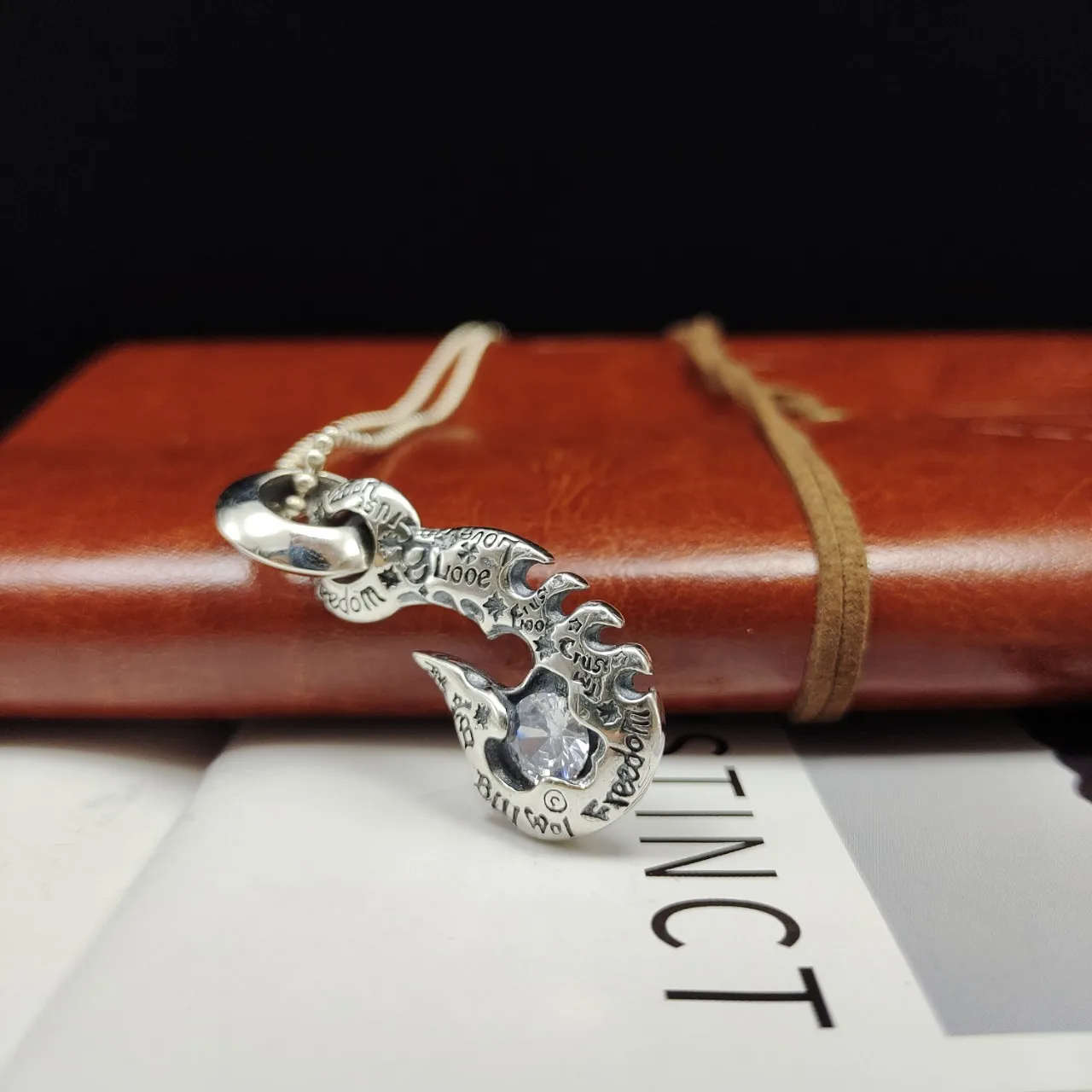 s925 retro personality fashion trend graffiti zircon inlaid fishhook pendant men's and women's necklaces