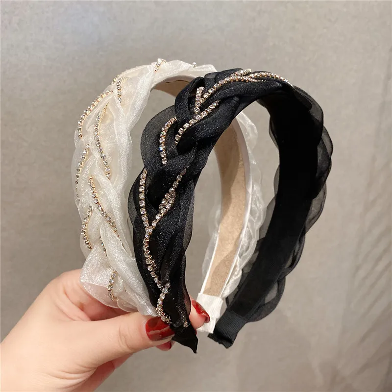 Korean Spring and Summer New Style Lace with Diamond Wide-brimmed Headband, Simple and Versatile Headband, Cross Braid